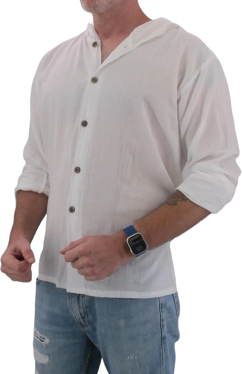 Men's Hoodie Button Down Hippie Shirts Beach 100% Soft Cotton Top Yoga Shirt