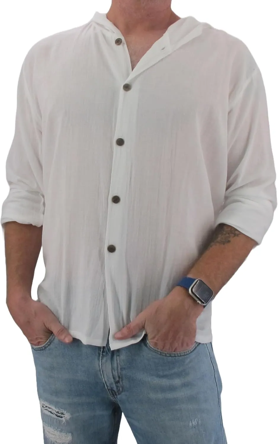 Men's Hoodie Button Down Hippie Shirts Beach 100% Soft Cotton Top Yoga Shirt