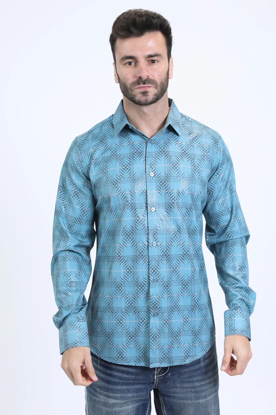 Mens Modern Fit Stretch Foil Fashion Teal Shirt