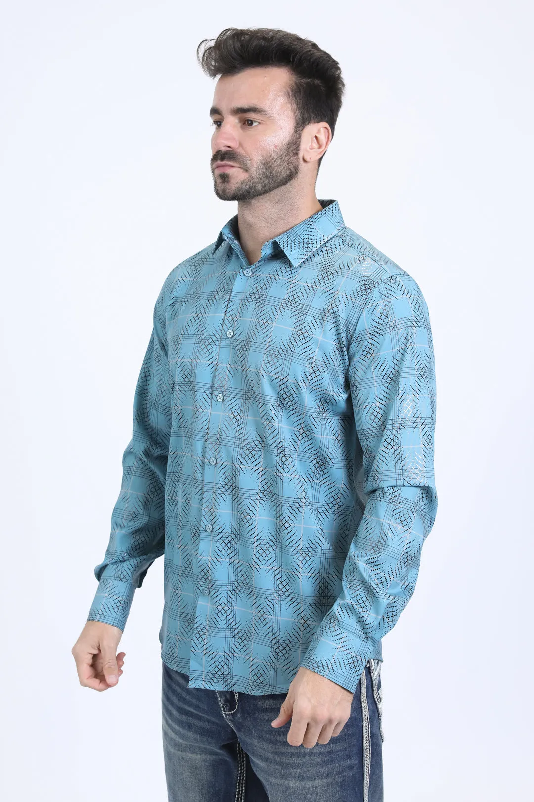 Mens Modern Fit Stretch Foil Fashion Teal Shirt