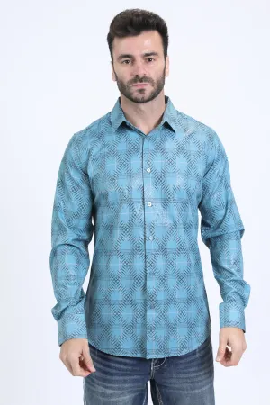 Mens Modern Fit Stretch Foil Fashion Teal Shirt