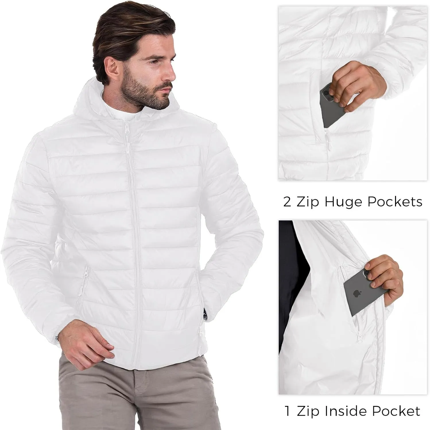 Men's Puffer Jacket Hooded Lightweight Full Zip Warm Coats Water Repellent Windproof Insulated Jacket with Pockets