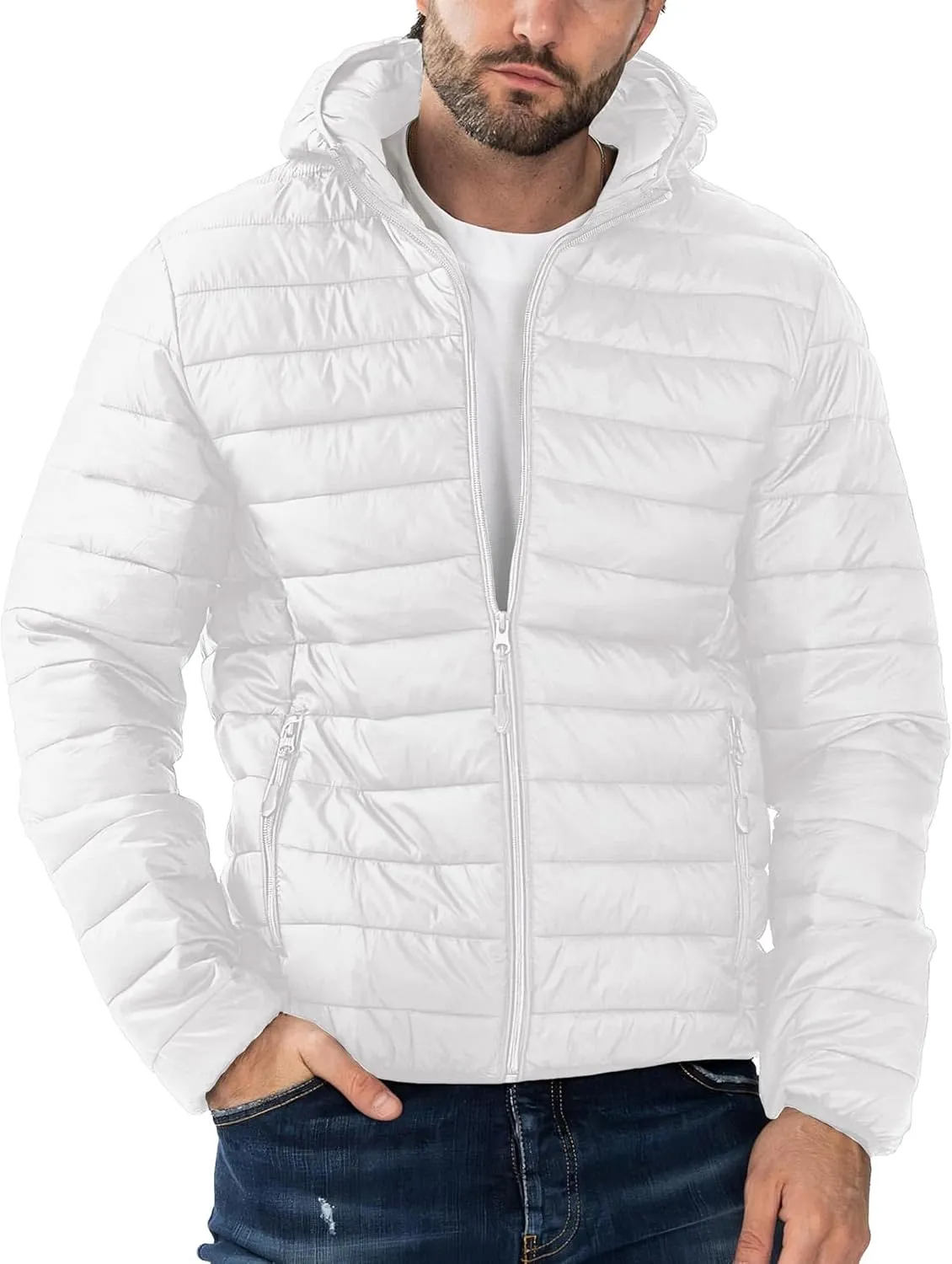 Men's Puffer Jacket Hooded Lightweight Full Zip Warm Coats Water Repellent Windproof Insulated Jacket with Pockets