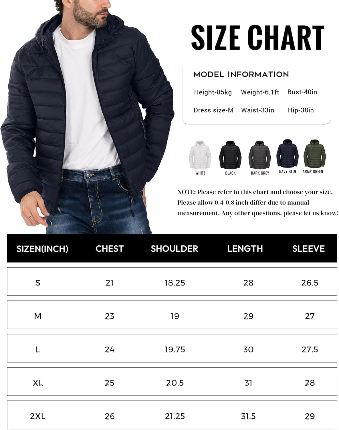 Men's Puffer Jacket Hooded Lightweight Full Zip Warm Coats Water Repellent Windproof Insulated Jacket with Pockets