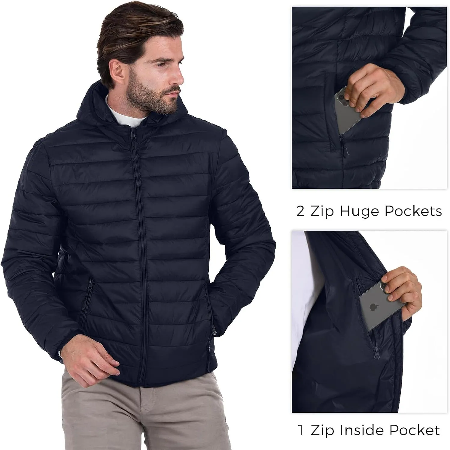 Men's Puffer Jacket Hooded Lightweight Full Zip Warm Coats Water Repellent Windproof Insulated Jacket with Pockets