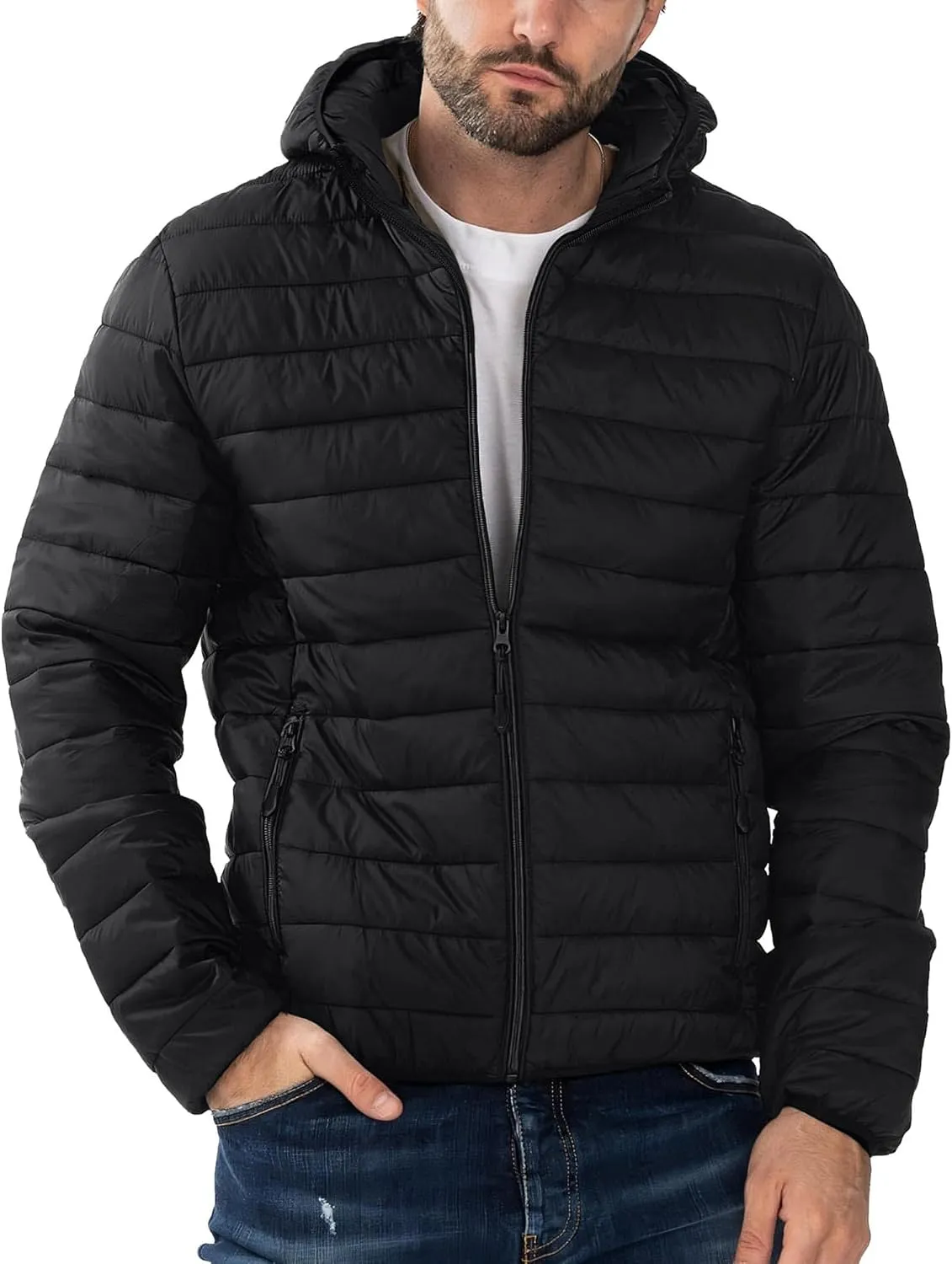Men's Puffer Jacket Hooded Lightweight Full Zip Warm Coats Water Repellent Windproof Insulated Jacket with Pockets