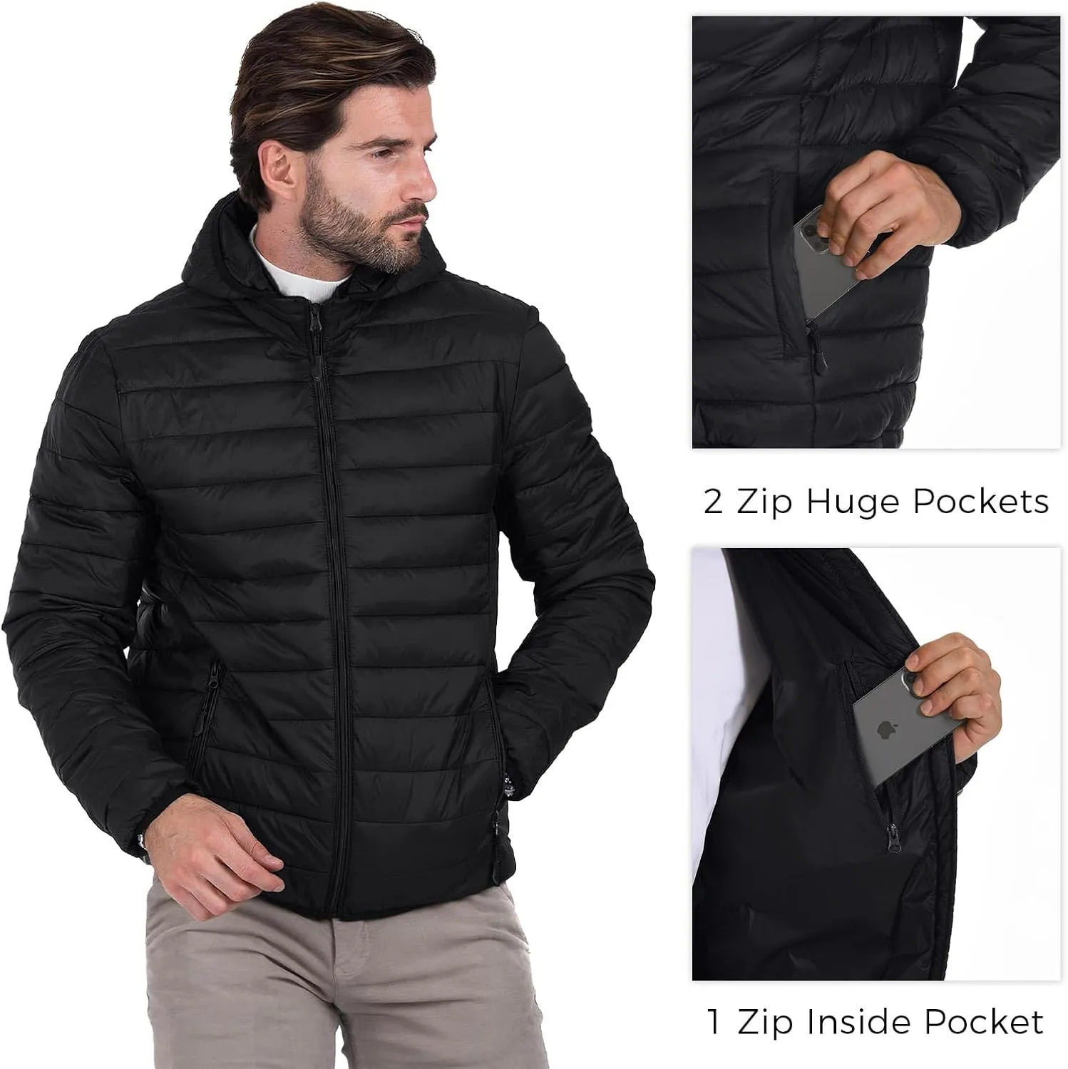 Men's Puffer Jacket Hooded Lightweight Full Zip Warm Coats Water Repellent Windproof Insulated Jacket with Pockets