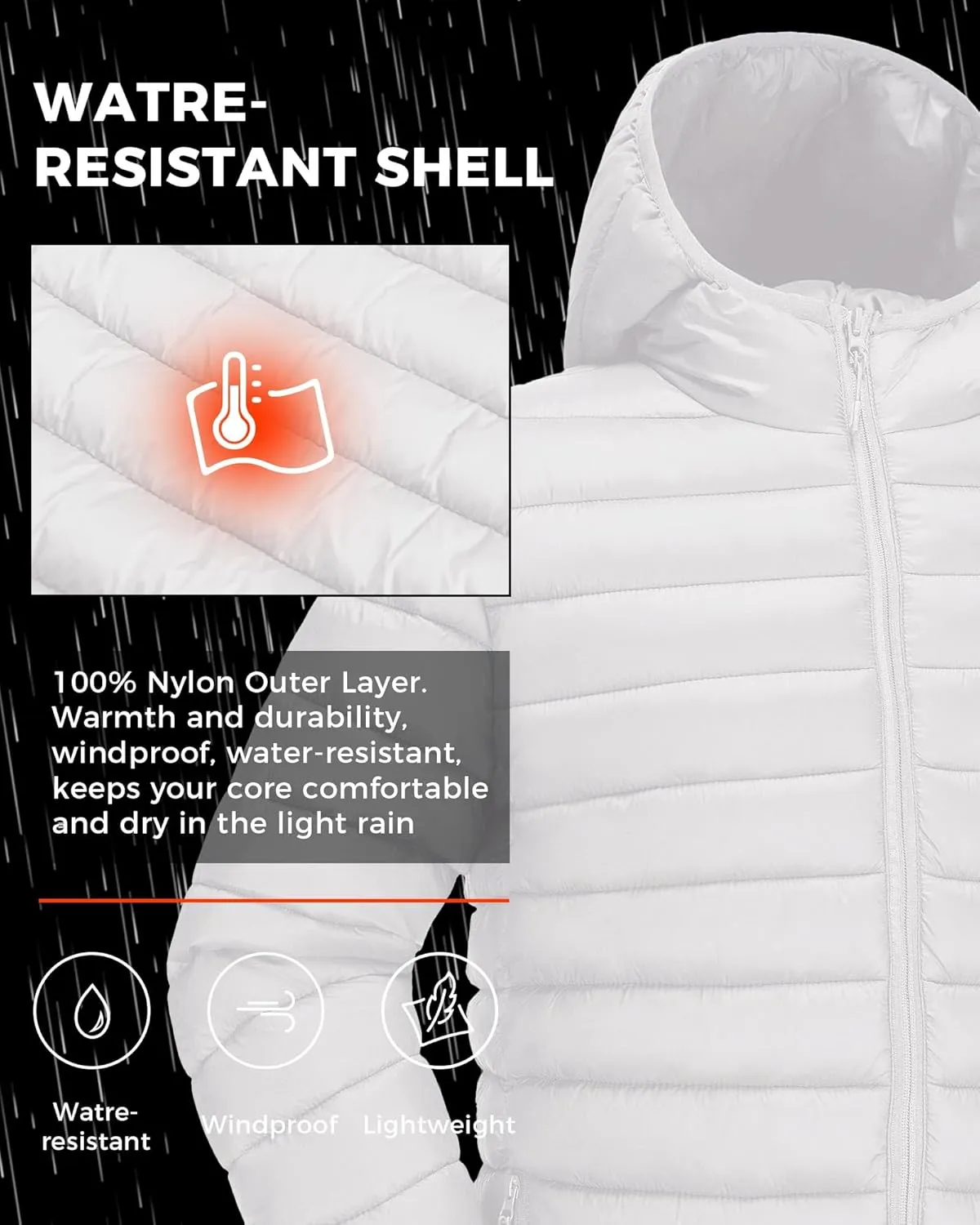 Men's Puffer Jacket Hooded Lightweight Full Zip Warm Coats Water Repellent Windproof Insulated Jacket with Pockets
