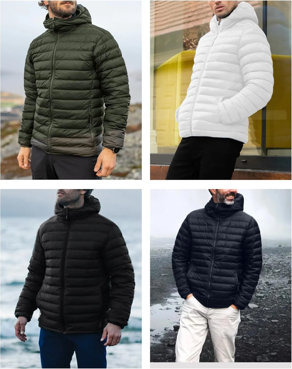 Men's Puffer Jacket Hooded Lightweight Full Zip Warm Coats Water Repellent Windproof Insulated Jacket with Pockets