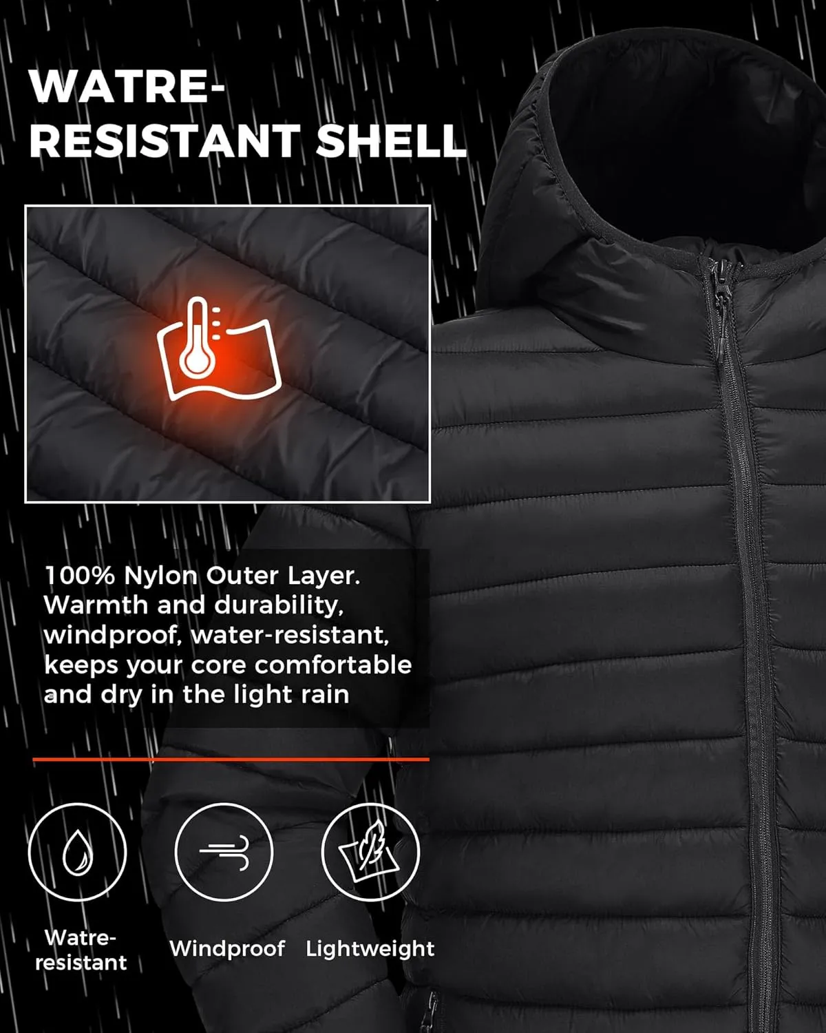 Men's Puffer Jacket Hooded Lightweight Full Zip Warm Coats Water Repellent Windproof Insulated Jacket with Pockets