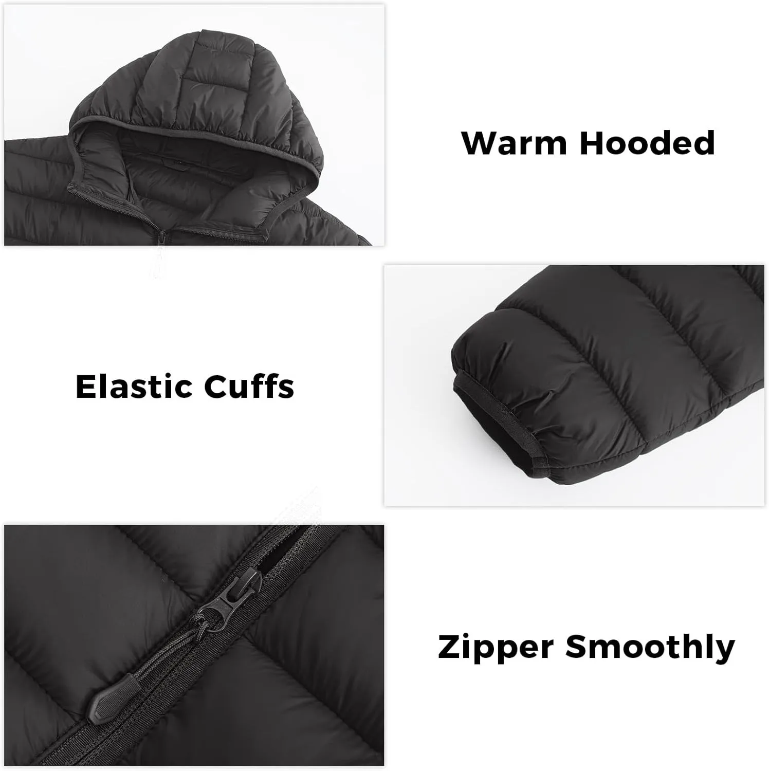 Men's Puffer Jacket Hooded Lightweight Full Zip Warm Coats Water Repellent Windproof Insulated Jacket with Pockets