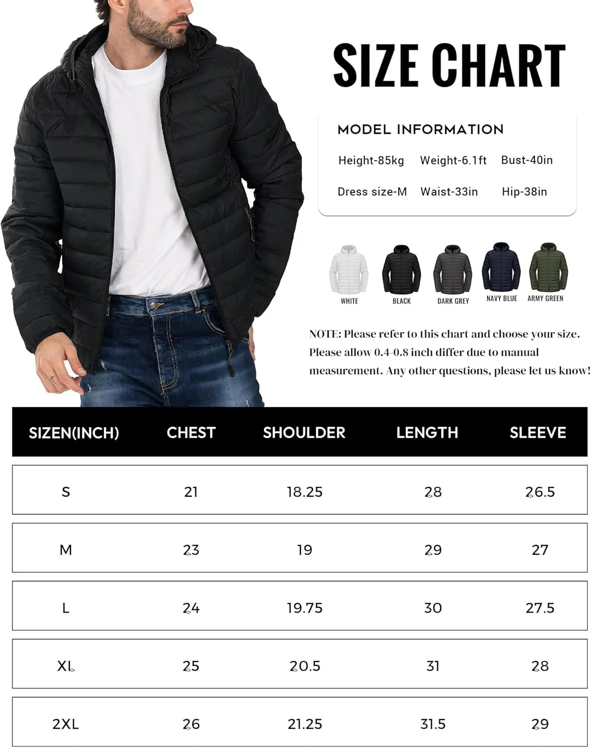 Men's Puffer Jacket Hooded Lightweight Full Zip Warm Coats Water Repellent Windproof Insulated Jacket with Pockets