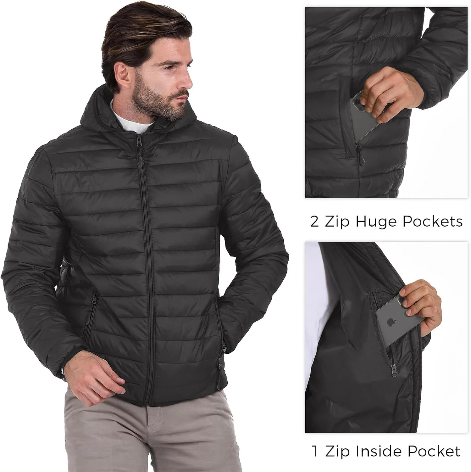 Men's Puffer Jacket Hooded Lightweight Full Zip Warm Coats Water Repellent Windproof Insulated Jacket with Pockets