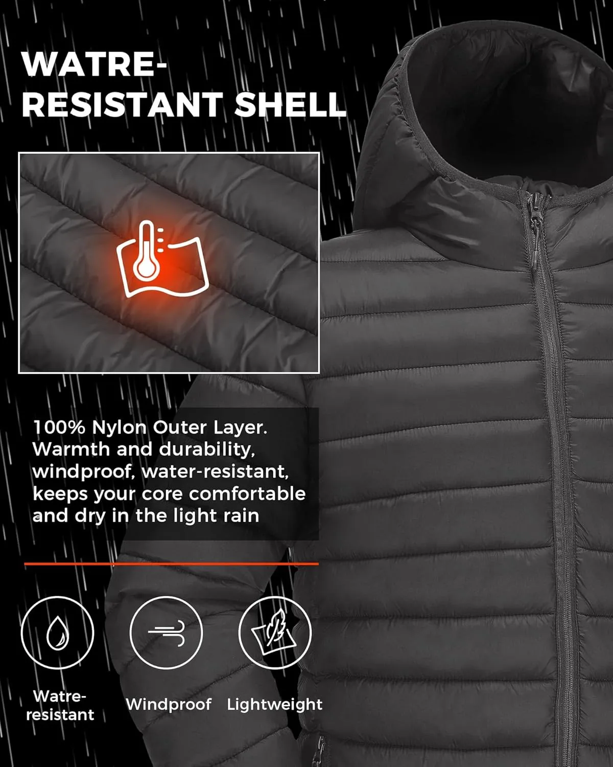Men's Puffer Jacket Hooded Lightweight Full Zip Warm Coats Water Repellent Windproof Insulated Jacket with Pockets