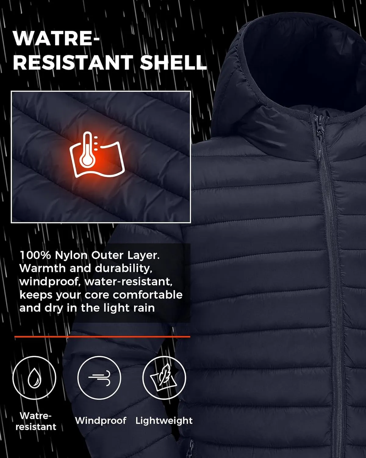 Men's Puffer Jacket Hooded Lightweight Full Zip Warm Coats Water Repellent Windproof Insulated Jacket with Pockets