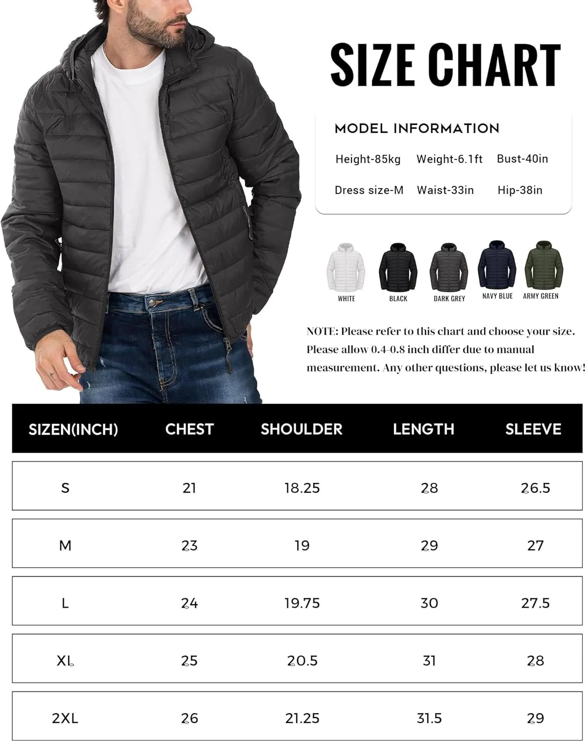 Men's Puffer Jacket Hooded Lightweight Full Zip Warm Coats Water Repellent Windproof Insulated Jacket with Pockets