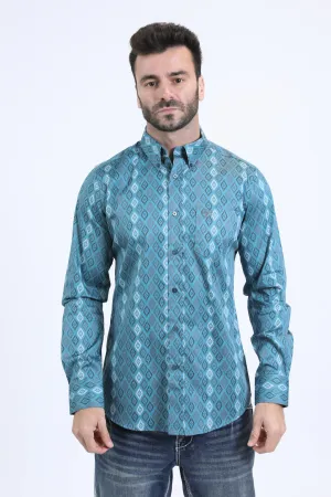 Mens Satin Cotton Modern Fit Navy Long Sleeve Turquoise Shirt