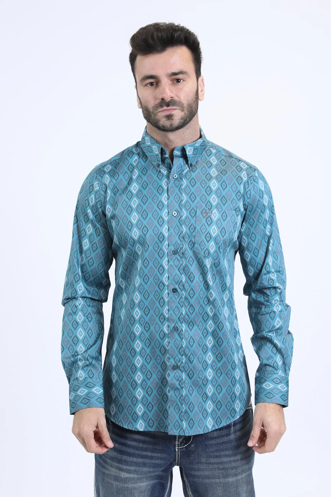 Mens Satin Cotton Modern Fit Navy Long Sleeve Turquoise Shirt
