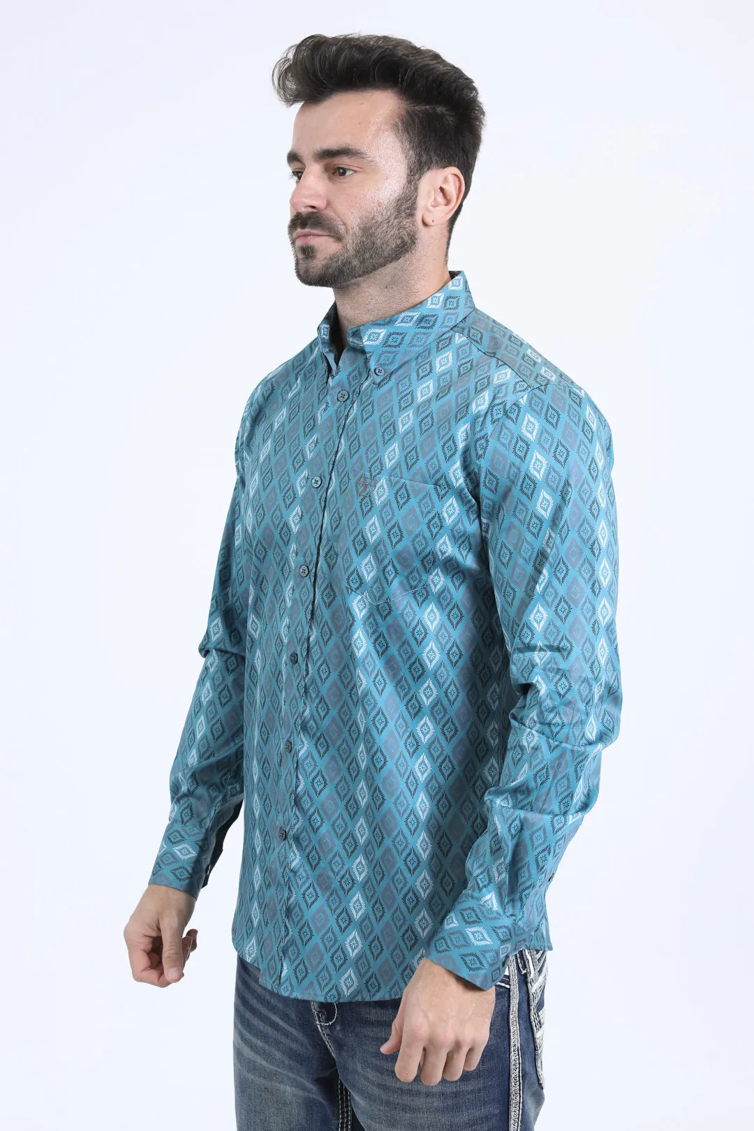 Mens Satin Cotton Modern Fit Navy Long Sleeve Turquoise Shirt
