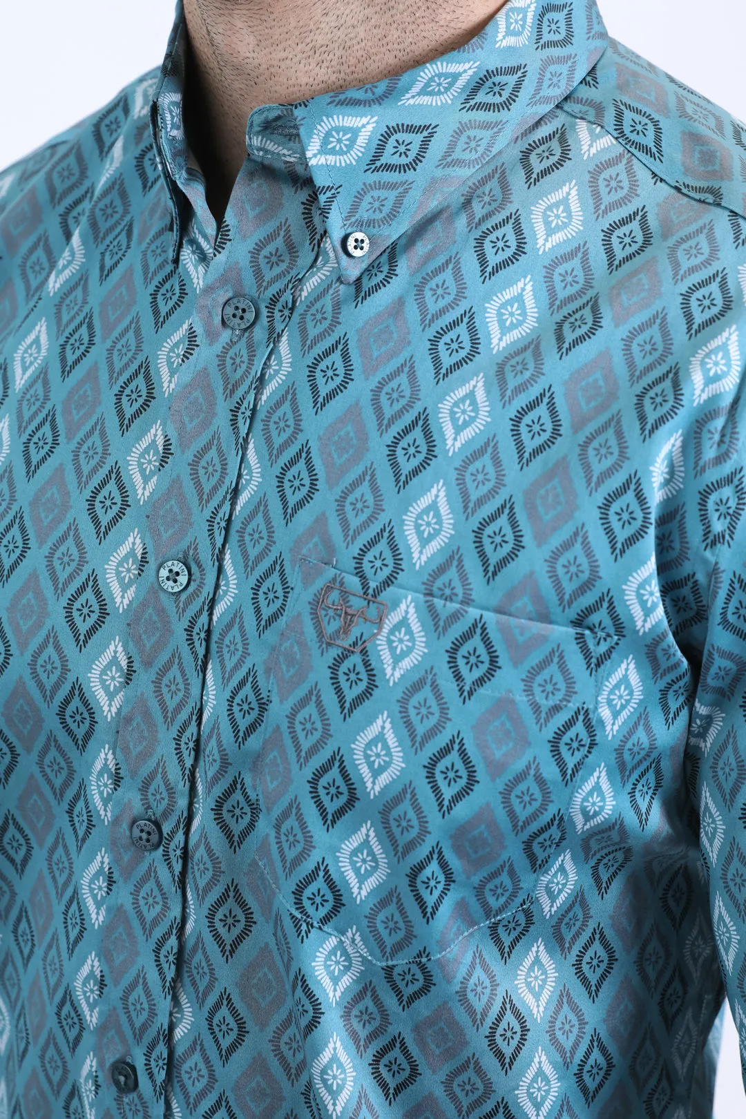 Mens Satin Cotton Modern Fit Navy Long Sleeve Turquoise Shirt