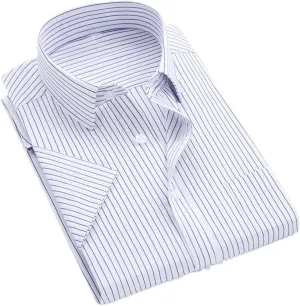 Men's Solid Color Striped Dress Shirt Single Breasted Lapel Wrinkle Resistant Shirt D08-15 XXL