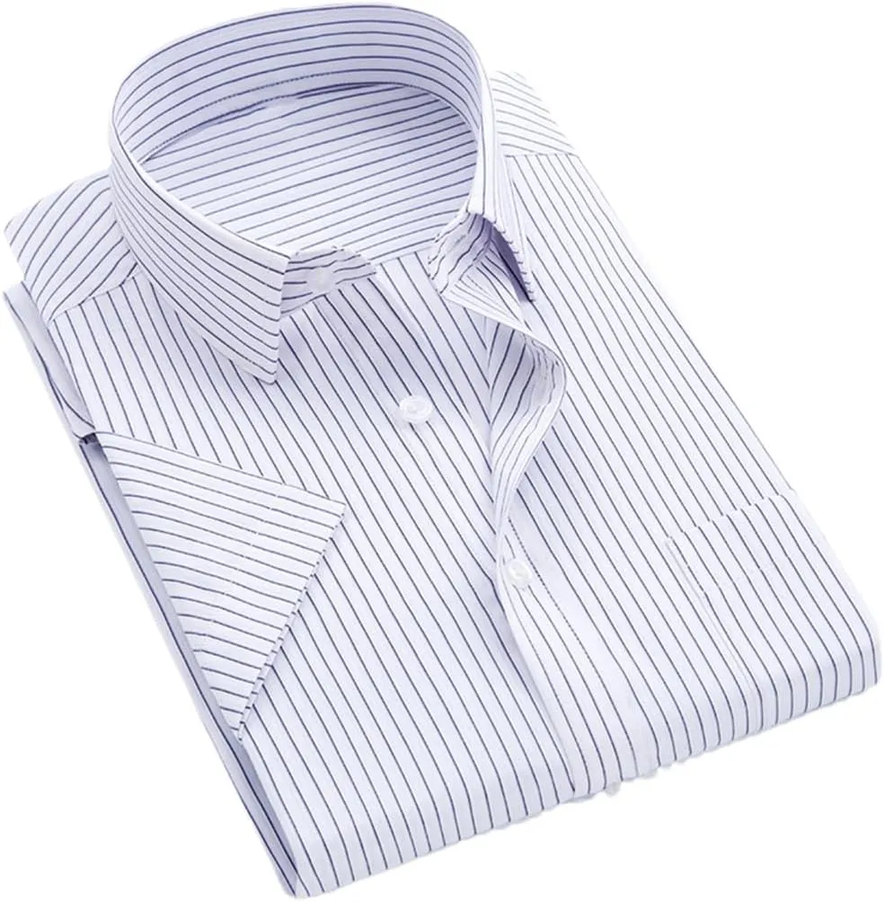 Men's Solid Color Striped Dress Shirt Single Breasted Lapel Wrinkle Resistant Shirt D08-15 XXL