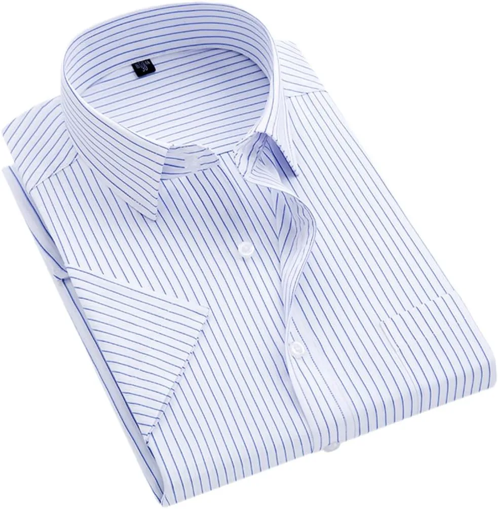 Men's Solid Color Striped Dress Shirt Single Breasted Lapel Wrinkle Resistant Shirt D08-6 7XL