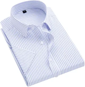 Men's Solid Color Striped Dress Shirt Single Breasted Lapel Wrinkle Resistant Shirt D08-6 7XL