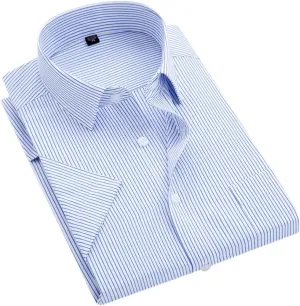 Men's Solid Color Striped Dress Shirt Single Breasted Lapel Wrinkle Resistant Shirt
