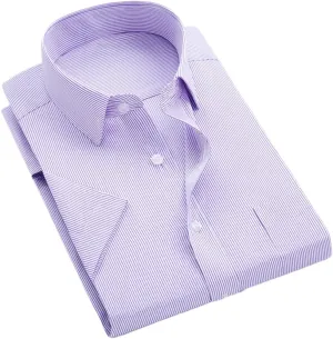Men's Solid Color Striped Dress Shirt Single Breasted Lapel Wrinkle Resistant Shirt