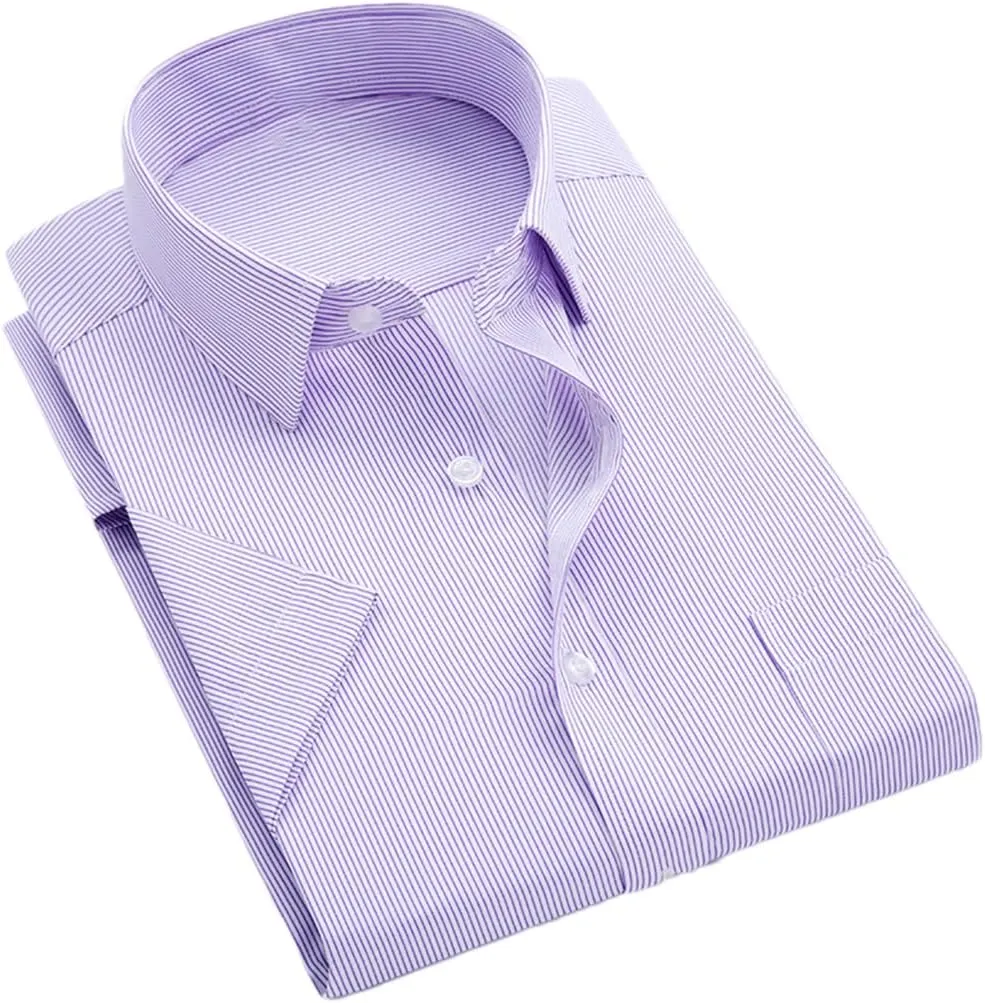 Men's Solid Color Striped Dress Shirt Single Breasted Lapel Wrinkle Resistant Shirt