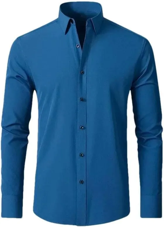 Men's Stretch Single-Breasted Shirts Wrinkle-Resistant Simple Business Thin Solid Color Shirt