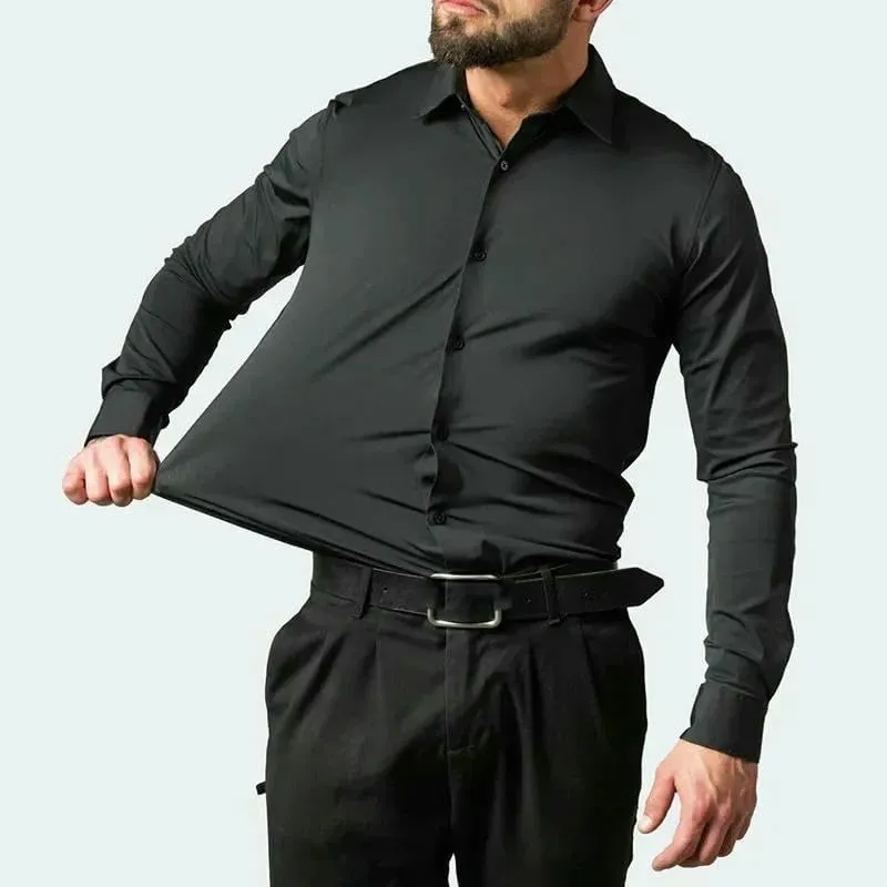 Men's Stretch Single-Breasted Shirts Wrinkle-Resistant Simple Business Thin Solid Color Shirt