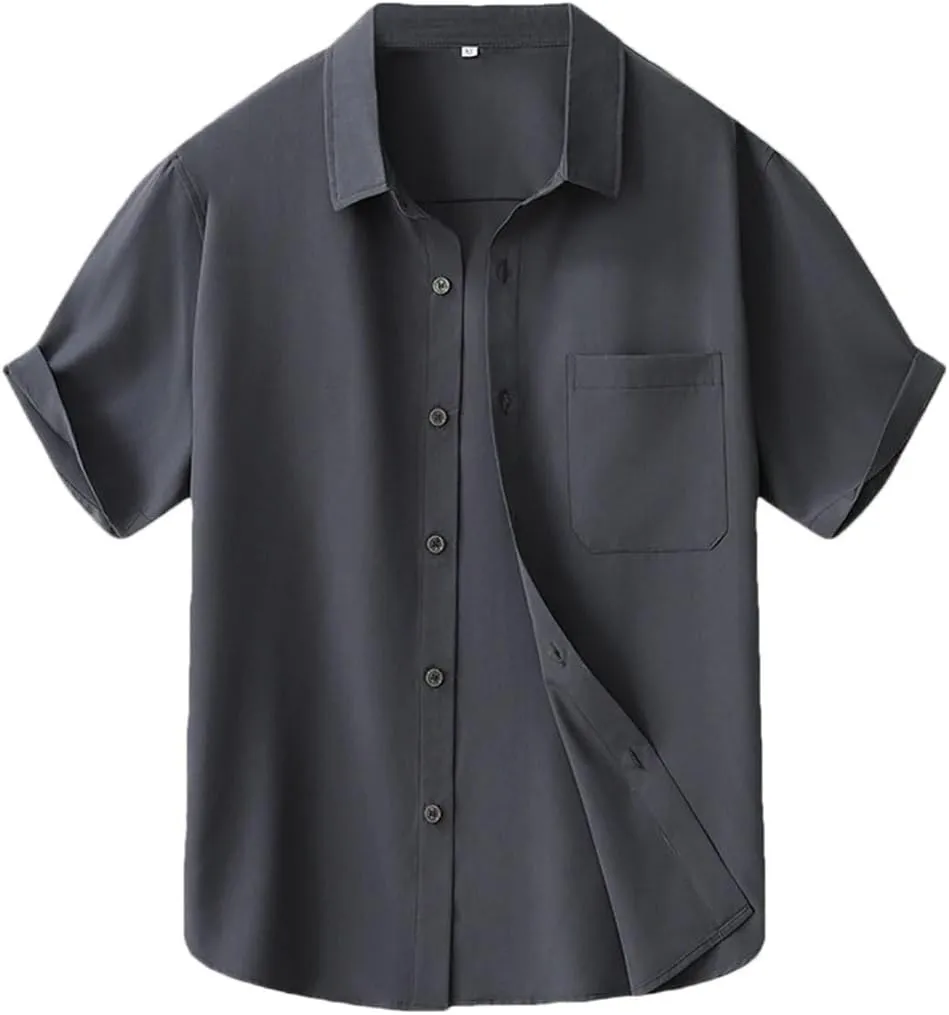 Men's Wrinkle-Resistant Turn Down Collar Dress Shirt Slim Fit Short Sleeve Social Business Casual Pocket Shirts