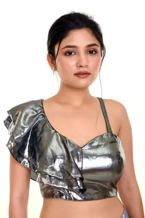 Metallic Silver Ruffle Blouse with One Sided Ruffle Sleeves