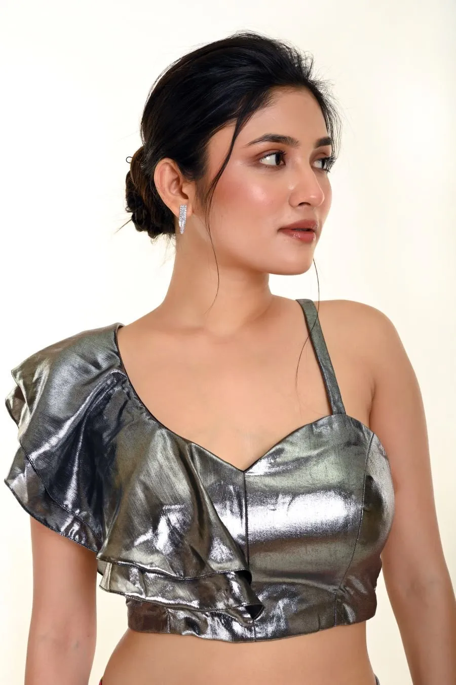 Metallic Silver Ruffle Blouse with One Sided Ruffle Sleeves
