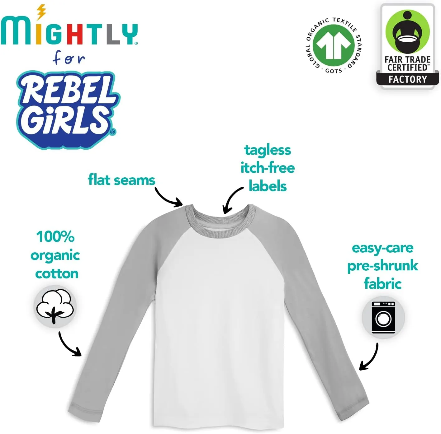 Mightly Boys and Girls' Long Sleeve Raglan Shirt | Organic Cotton, Colorful Casual Stylish Clothes, Soft&Fresh Crew Neck Tee