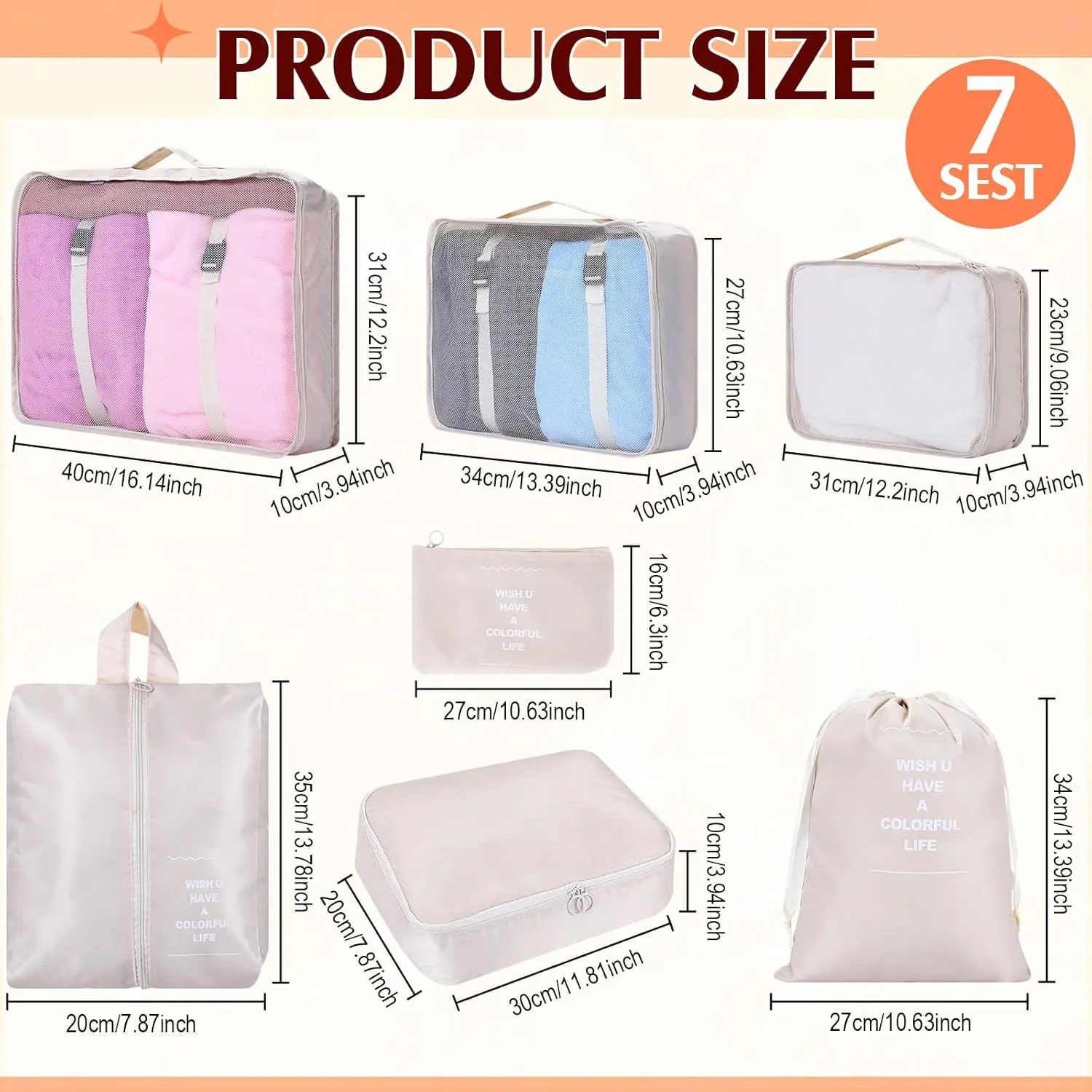 Nuanchu 7 Set Compression Packing Cubes Expandable Travel Packing Organizer Lightweight Luggage Organizer for Vacation Camping Business (Beige)
