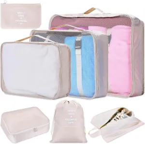 Nuanchu 7 Set Compression Packing Cubes Expandable Travel Packing Organizer Lightweight Luggage Organizer for Vacation Camping Business (Beige)