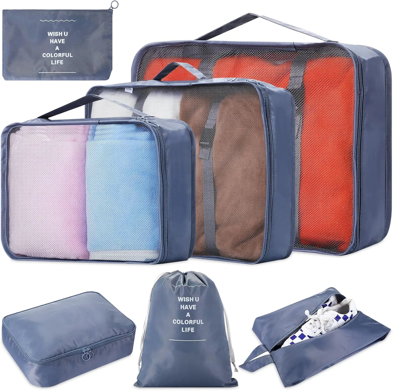 Nuanchu 7 Set Compression Packing Cubes Expandable Travel Packing Organizer Lightweight Luggage Organizer for Vacation Camping Business (Grey)