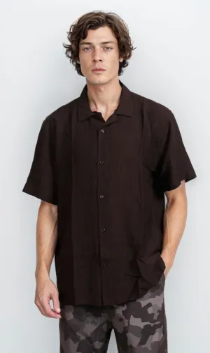 O203317 - Linen Short-Sleeve Button-Up Shirt - Black