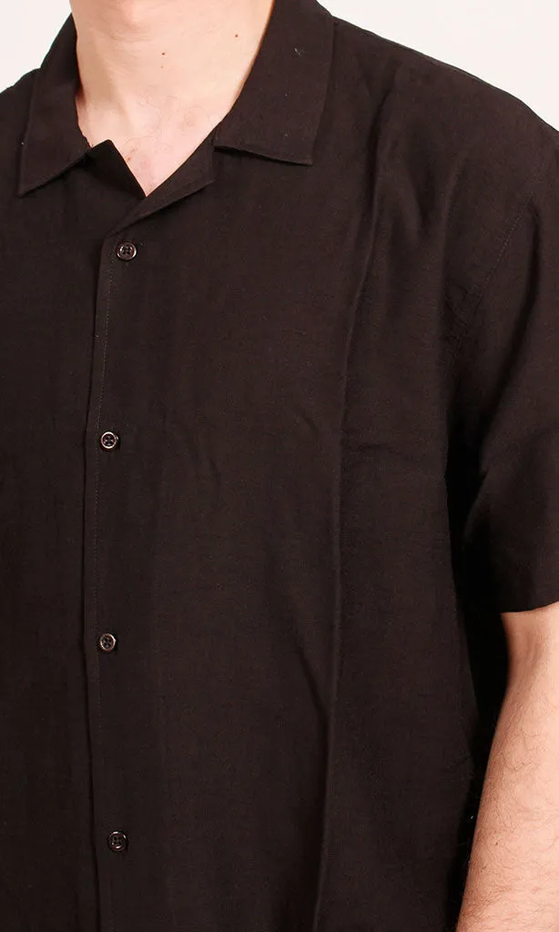 O203317 - Linen Short-Sleeve Button-Up Shirt - Black