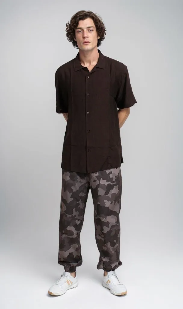 O203317 - Linen Short-Sleeve Button-Up Shirt - Black