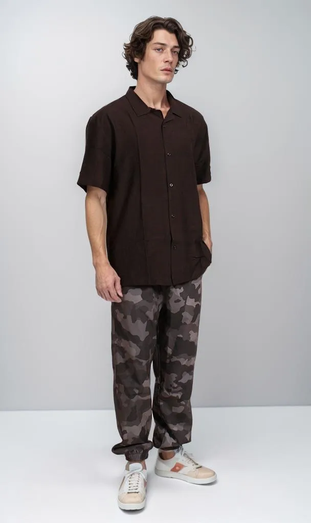 O203317 - Linen Short-Sleeve Button-Up Shirt - Black