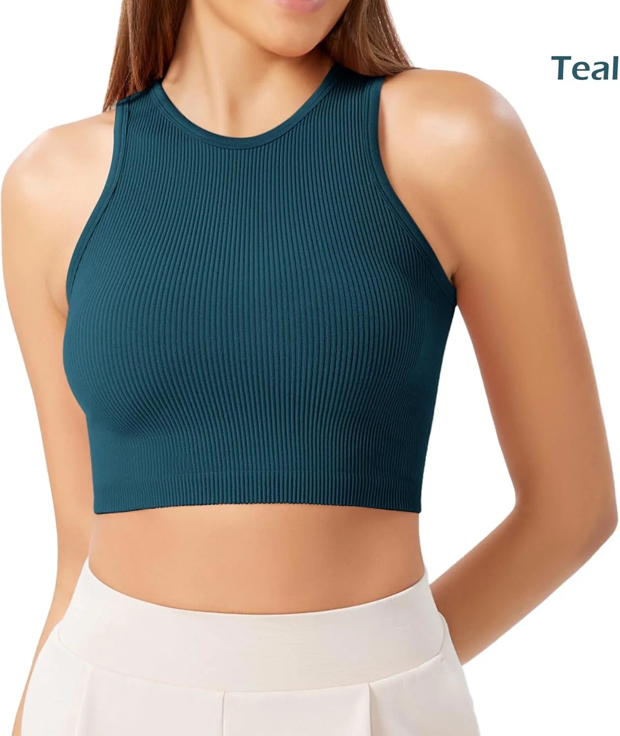 ODODOS 3-Pack Seamless Crop Tank for Women Ribbed Soft High Neck Cropped Tops