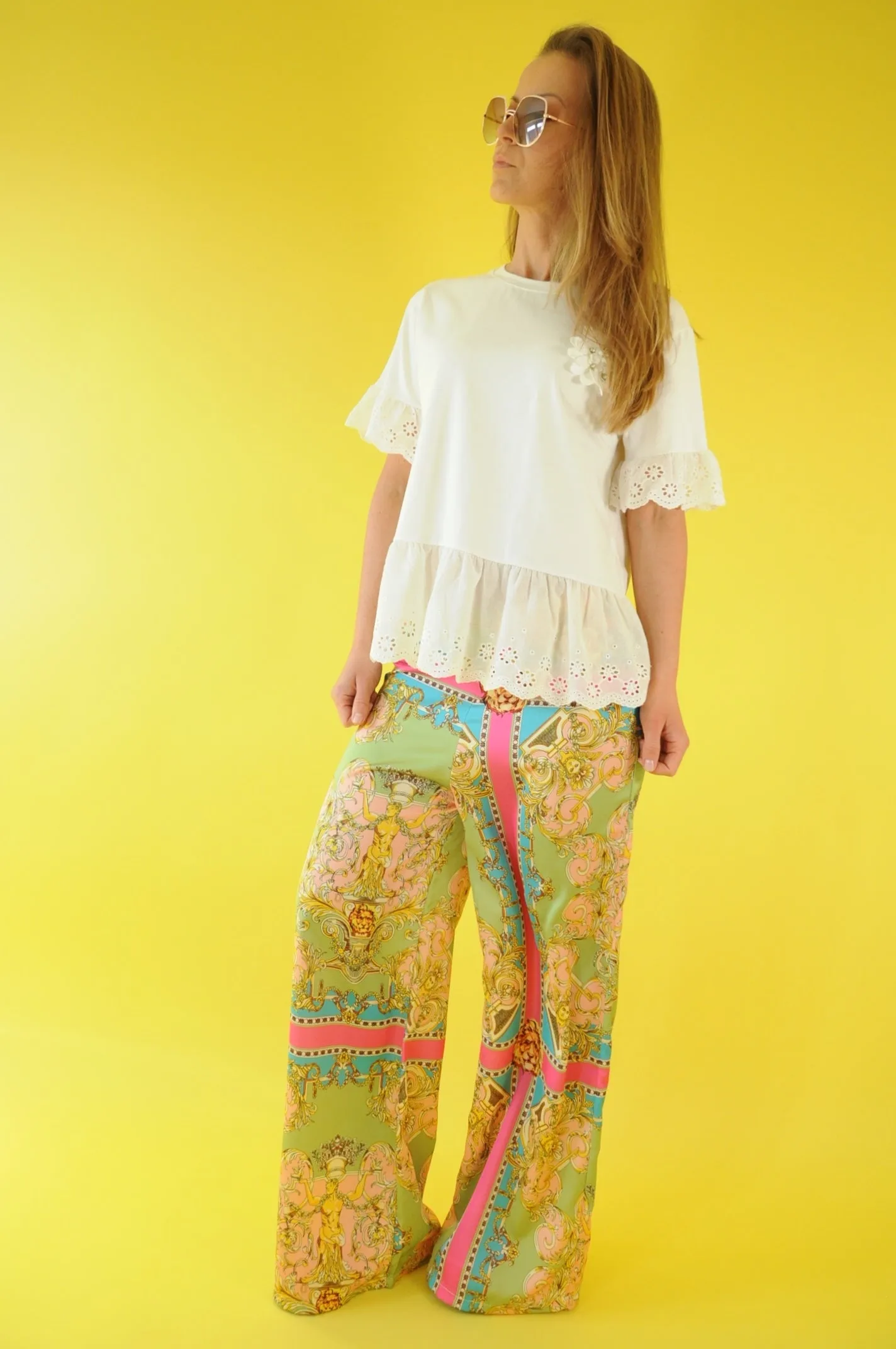 Off white broderie anglaise frilled peplum tee with 3D gem flower detail