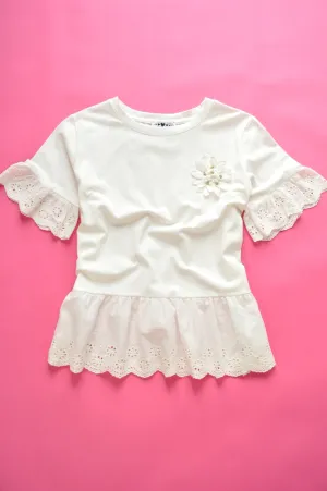 Off white broderie anglaise frilled peplum tee with 3D gem flower detail