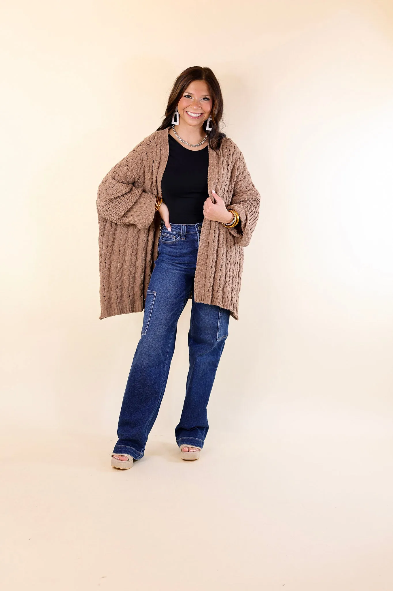 On My Level Chenille Cable Knit Open Front Cardigan in Cappuccino Brown