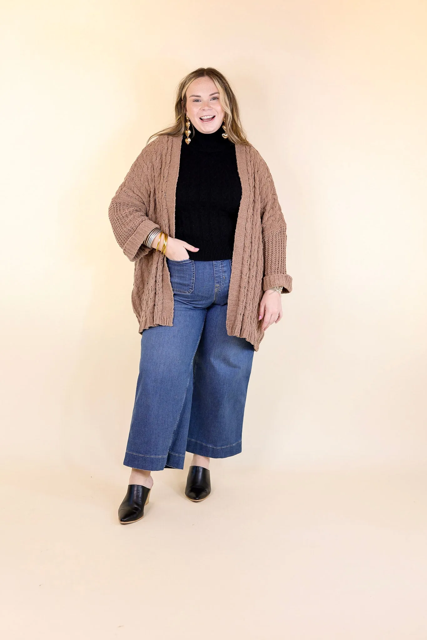 On My Level Chenille Cable Knit Open Front Cardigan in Cappuccino Brown