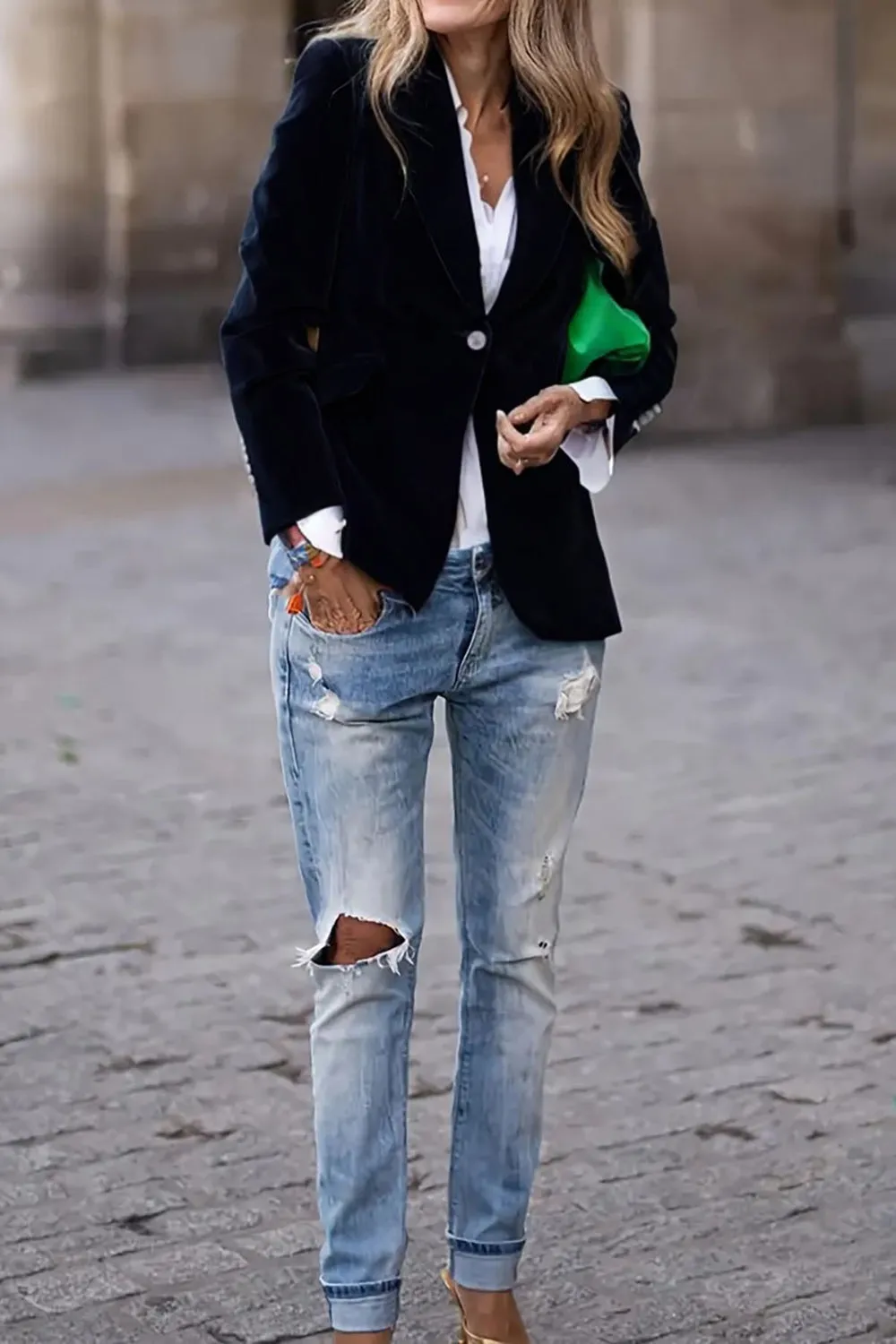 One Button Lapel Collar Long Sleeve Blazer